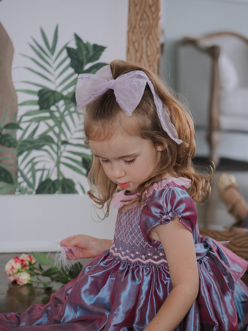 Purple French Floral Tulle Bow