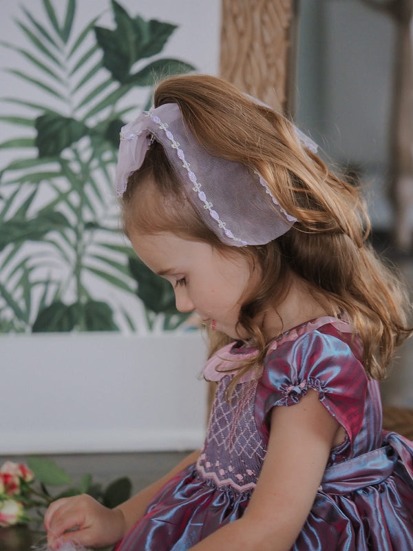 Purple French Floral Tulle Bow